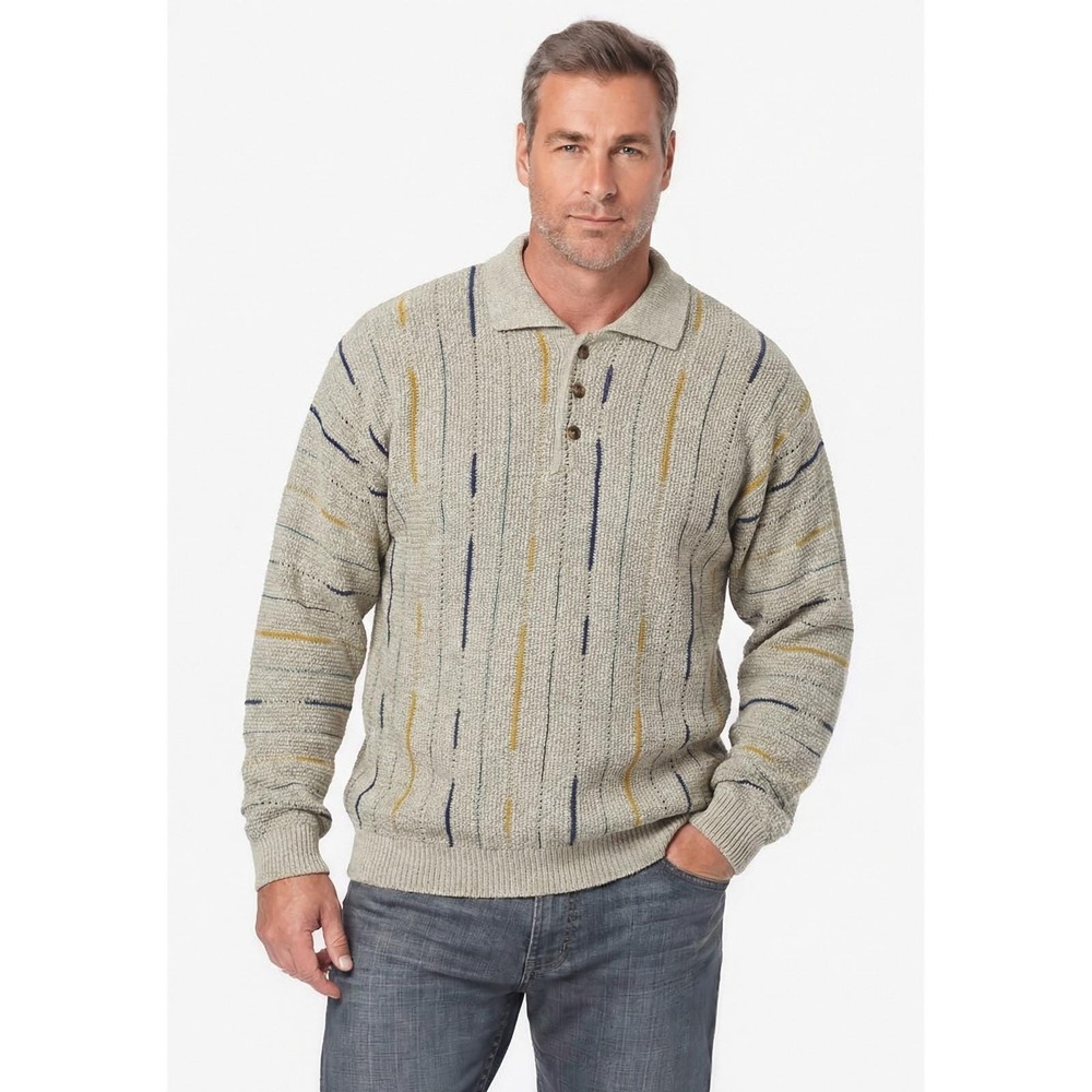 Vtg Scandia Woods Knit Henley Sweater Mens XL Beige Zigzag Nordic Grandpacore